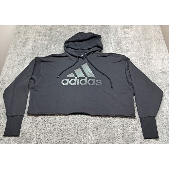 ADIDAS Sweatshirt Hoodie Womens Large Oversized Cropped logo Relaxed Pullover - Picture 2 of 12